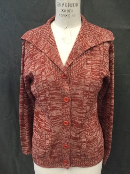 LAU-RE SAN, Brick Red, Beige, Acrylic, 2 Color Weave, Button Front Cardigan, Cable Knit, Long Sleeves, Ribbed Knit Sailor Collar, 2 Pockets, Ribbed Knit Collar/Cuff/Waistband