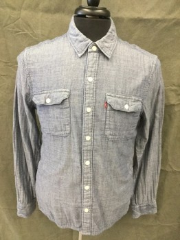 LEVI'S, Blue, Cotton, Solid, Chambray, Double Layer, Button Front, Collar Attached, Long Sleeves, 2 Flap Pockets