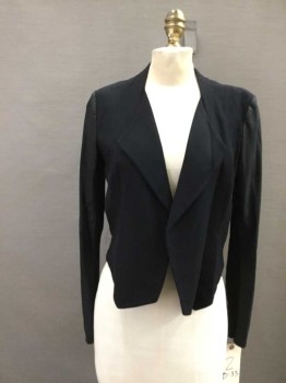 Womens, Blazer, THEORY, Black, Poly/Cotton, Leather, Solid, 2, Open Front, Angled Lapel, Longer In Front, Leather Sleeves, Cotton Under Arms