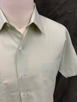 BREWSTER, Mint Green, Cotton, Solid, Button Front, Collar Attached, Short Sleeves, 2 Pockets, Tab Button Sleeve Detail