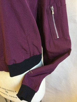 Womens, Casual Jacket, BAGATELLE, Red Burgundy, Black, Polyester, Nylon, Solid, Color Blocking, XS, Black Ribbed Knit Collar Attached, Long Sleeves Cuffs & Hem, Zip Front, Left Sleeve with 1 Pocket/zipper, 2 Pockets