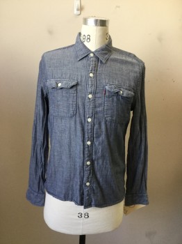 LEVI'S, Lt Blue, Cotton, Heathered, Long Sleeves, Button Front, Collar Attached, 2 Pockets, Chambray