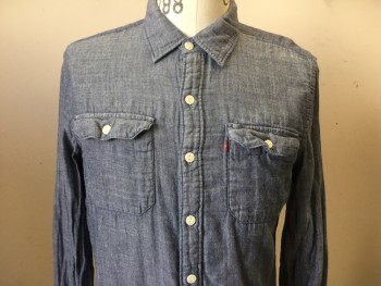 LEVI'S, Lt Blue, Cotton, Heathered, Long Sleeves, Button Front, Collar Attached, 2 Pockets, Chambray