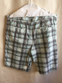 Mens, Shorts, HURLEY, Off White, Gray, Heather Gray, Mint Green, Cotton, Polyester, Plaid, 36, 1.5" Waistband, Flat Front, Zip Front, 4 Pockets