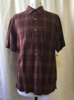 VAN HEUSEN, Brown, Red Burgundy, Green, Cotton, Rayon, Plaid-  Windowpane, Button Front, Collar Attached, Short Sleeves, 1 Pocket,