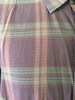 VAN HEUSEN, Brown, Red Burgundy, Green, Cotton, Rayon, Plaid-  Windowpane, Button Front, Collar Attached, Short Sleeves, 1 Pocket,