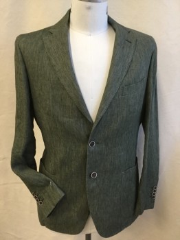 Mens, Sportcoat/Blazer, SAKS FIFTH AVENUE, Olive Green, Cotton, Heathered, 42S, Hand Top Stitches on Notched Lapel, Single Breasted, 2 Button Front, 2 Pockets, Long Sleeves, Off White with Thin Brown Vertical Stripes Upper Lining, 2 Slit Back Hem