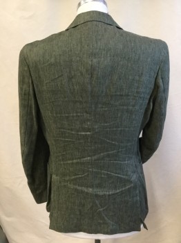 Mens, Sportcoat/Blazer, SAKS FIFTH AVENUE, Olive Green, Cotton, Heathered, 42S, Hand Top Stitches on Notched Lapel, Single Breasted, 2 Button Front, 2 Pockets, Long Sleeves, Off White with Thin Brown Vertical Stripes Upper Lining, 2 Slit Back Hem