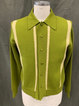 N/L, Pea Green, Cream, Acrylic, Solid, Cardigan, Collar Attached, Fabric Covered Buttons, Contrasting Cream Cable Knit Stripes, Long Sleeves, Ribbed Knit Cuff *Missing Lowest Button*