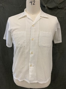 RIGHT TO THE MOON AL, White, Synthetic, Grid , "Right To The Moon Alice" Sheer Grid, Button Front, Collar Attached, Short Sleeves, 2 Pockets, *Slight Tearing Beginning at Pocket and Right Shoulder Starting to Pull Away*