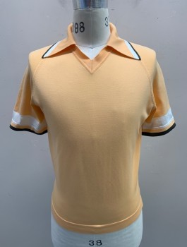 MONTGOMERY WARD, Peach Orange, White, Dk Gray, Polyester, Solid, Knit, Short Sleeves, Collar Attached, V-neck with No Buttons, White and Gray Accents on Sleeves & Collar,  Raglan Sleeves,