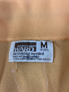 MONTGOMERY WARD, Peach Orange, White, Dk Gray, Polyester, Solid, Knit, Short Sleeves, Collar Attached, V-neck with No Buttons, White and Gray Accents on Sleeves & Collar,  Raglan Sleeves,