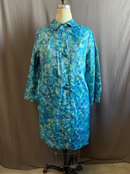 MTO, Blue, Lt Green, Navy Blue, Nylon, Cotton, Floral, Solid, REVERSIBLE, C.A., Button Front, 2 Pockets on Both Sides, Solid Navy Side *Navy Side is Missing 2 Buttons*