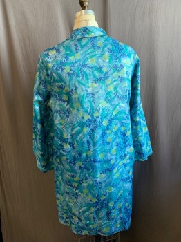 Womens, Coat, MTO, Blue, Lt Green, Navy Blue, Nylon, Cotton, Floral, Solid, XL, REVERSIBLE, C.A., Button Front, 2 Pockets on Both Sides, Solid Navy Side *Navy Side is Missing 2 Buttons*