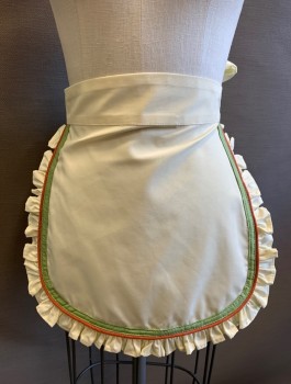 Unisex, Apron, N/L, Cream, Sage Green, Rust Orange, Poly/Cotton, Solid, Waitress/Maid Apron, Sage and Rust Trim, Cream Ruffle Edge, Rounded Shape, Self Ties at Waist