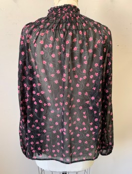 Womens, Blouse, ELIZABETH AND JAMES, Black, Pink, Red, White, Polyester, Floral, S, Sheer Chiffon, Long Sleeves, Pullover, Smocked Elastic High Neckline, Elastic at Wrists, with Matching Black Camisole to Go Underneath (CF025073)