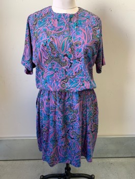 FABRICAS DE FRANCIA, Lavender Purple, Bubble Gum Pink, Teal Blue, Black, Rayon, Paisley/Swirls, Abstract , S/S, Round Neck, Elastic Waist, Top Half is Loose/Baggy, Fitted Below Waist, Hem Above Knee