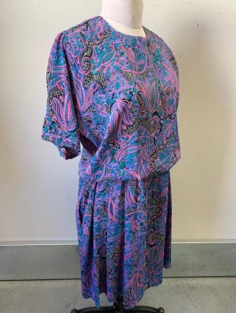 Womens, Dress, FABRICAS DE FRANCIA, Lavender Purple, Bubble Gum Pink, Teal Blue, Black, Rayon, Paisley/Swirls, Abstract , W32-34, B:38, H<42, S/S, Round Neck, Elastic Waist, Top Half is Loose/Baggy, Fitted Below Waist, Hem Above Knee