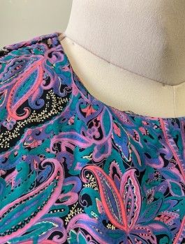 FABRICAS DE FRANCIA, Lavender Purple, Bubble Gum Pink, Teal Blue, Black, Rayon, Paisley/Swirls, Abstract , S/S, Round Neck, Elastic Waist, Top Half is Loose/Baggy, Fitted Below Waist, Hem Above Knee