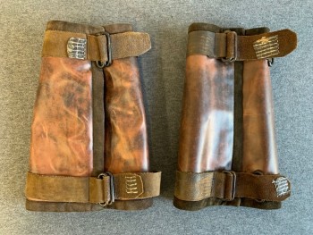 Unisex, Sci-Fi/Fantasy Gauntlets, MTO, Chestnut Brown, Brown, Leather, Metallic/Metal, Solid, Faded, OS, Faded/aged Leather, Adjustable Leather Straps, Suede Trim, Black Oblong Notions