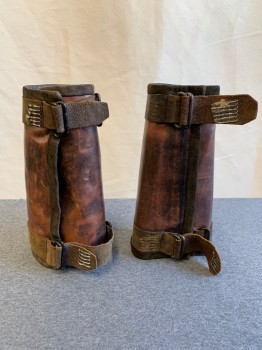 Unisex, Sci-Fi/Fantasy Gauntlets, MTO, Chestnut Brown, Brown, Leather, Metallic/Metal, Solid, Faded, OS, Faded/aged Leather, Adjustable Leather Straps, Suede Trim, Black Oblong Notions
