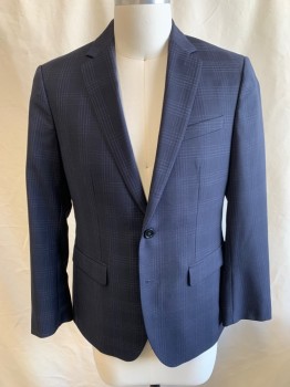 Mens, Sportcoat/Blazer, BANANA REPUBLIC, Midnight Blue, Lt Blue, Wool, Plaid, 38S, Single Breasted, 2 Buttons, 3 Pockets, Notched Lapel, Single Vent