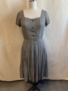 N/L, Black, White, Cotton, Gingham, Square Neck, Short Sleeves, 3 Covered Buttons Down Front, Snaps Down Placket, Hook/eye at Waist, Pleated Front