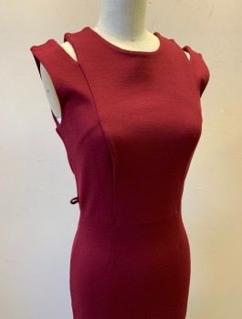Womens, Dress, Sleeveless, MYSTIC, Red Burgundy, Polyester, Spandex, Solid, B32-34, XS, Stretch Jersey, Round Neck, Cutout Detail at Neckline with 2 Straps on Each Side, Fitted Sheath, Knee Length, Belt Loops (But No Belt), Invisible Zipper in Back