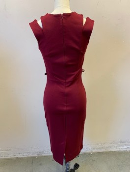 Womens, Dress, Sleeveless, MYSTIC, Red Burgundy, Polyester, Spandex, Solid, B32-34, XS, Stretch Jersey, Round Neck, Cutout Detail at Neckline with 2 Straps on Each Side, Fitted Sheath, Knee Length, Belt Loops (But No Belt), Invisible Zipper in Back
