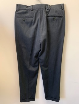 Mens, Slacks, BROOKS BROTHERS, Dk Gray, Wool, Solid, L29, W32, Zip Front, Button Closure, Pleated Front, Cuffed, 4 Pockets