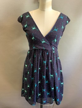 Womens, Dress, Sleeveless, YELLOW STAR, Midnight Blue, Green, Red, Blue, Polyester, Novelty Pattern, Dots, S, Giraffes With Red Dot Background, Chiffon, Barely There Cap Sleeves, Surplice V-Neck, Gathered Waist With Self Ties At Sides, Mini Length