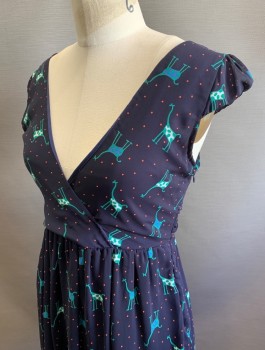 Womens, Dress, Sleeveless, YELLOW STAR, Midnight Blue, Green, Red, Blue, Polyester, Novelty Pattern, Dots, S, Giraffes With Red Dot Background, Chiffon, Barely There Cap Sleeves, Surplice V-Neck, Gathered Waist With Self Ties At Sides, Mini Length