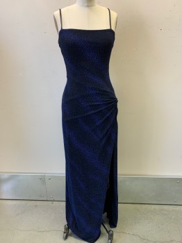 Womens, Evening Gown, N/L, Black, Royal Blue, Polyester, Acetate, Dots, B34, Spaghetti Strap, Side Knot with Slit