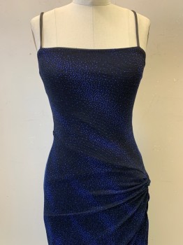 Womens, Evening Gown, N/L, Black, Royal Blue, Polyester, Acetate, Dots, B34, Spaghetti Strap, Side Knot with Slit