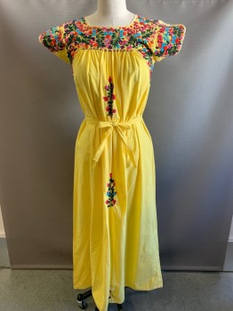 Womens, Dress, NO LABEL, Yellow, Pink, Turquoise Blue, Forest Green, Cotton, Floral, Solid, B38, S/S, Scoop Neck, Embroiderred Flowers, Spanish Style, with Belt,