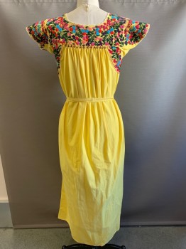Womens, Dress, NO LABEL, Yellow, Pink, Turquoise Blue, Forest Green, Cotton, Floral, Solid, B38, S/S, Scoop Neck, Embroiderred Flowers, Spanish Style, with Belt,