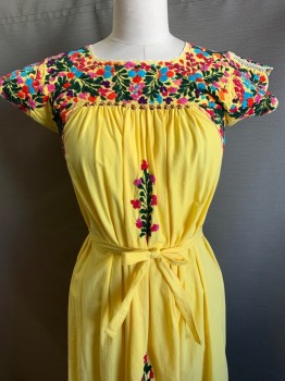 NO LABEL, Yellow, Pink, Turquoise Blue, Forest Green, Cotton, Floral, Solid, S/S, Scoop Neck, Embroiderred Flowers, Spanish Style, with Belt,