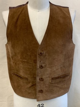Mens, Vest, BEYOND, Chocolate Brown, Dk Brown, Leather, Acetate, Solid, C 42, M, Button Front, 2 Pockets