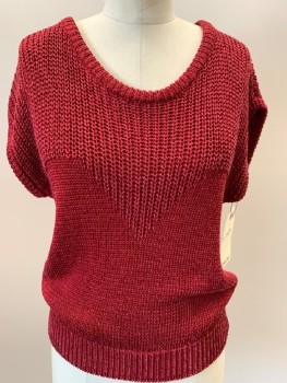 Womens, Sweater, JACQUELINE, Red, Rayon, Cotton, Solid, B 34, M, Knit, Pullover, Wide Scoop Neck, Cap Slv, Large Rib Knit Yoke Over Smaller/Tighter Rib Knit 