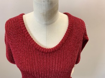 JACQUELINE, Red, Rayon, Cotton, Solid, Knit, Pullover, Wide Scoop Neck, Cap Slv, Large Rib Knit Yoke Over Smaller/Tighter Rib Knit 