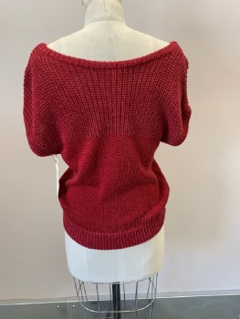 JACQUELINE, Red, Rayon, Cotton, Solid, Knit, Pullover, Wide Scoop Neck, Cap Slv, Large Rib Knit Yoke Over Smaller/Tighter Rib Knit 