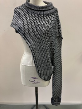 N/L, Black, Silver, Metallic, Wool, Viscose, Basket Weave, Cable Knit, Textured, Rib Knit,  Wide Turtle Neck C.A.,  Asymmetrical Body  Rt Shoulder To Left Waist Drop Shoulders , L/S, Left Only  With Rib Knit Cuff.