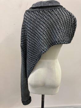 Womens, Sci-Fi/Fantasy Top, N/L, Black, Silver, Metallic, Wool, Viscose, Basket Weave, Cable Knit, O/S, Textured, Rib Knit,  Wide Turtle Neck C.A.,  Asymmetrical Body  Rt Shoulder To Left Waist Drop Shoulders , L/S, Left Only  With Rib Knit Cuff.