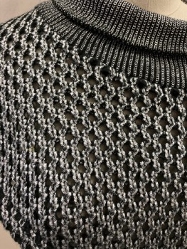 Womens, Sci-Fi/Fantasy Top, N/L, Black, Silver, Metallic, Wool, Viscose, Basket Weave, Cable Knit, O/S, Textured, Rib Knit,  Wide Turtle Neck C.A.,  Asymmetrical Body  Rt Shoulder To Left Waist Drop Shoulders , L/S, Left Only  With Rib Knit Cuff.