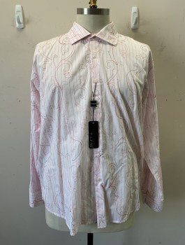 TULLIANO, White, Pink, Red, Cotton, Leaves/Vines , Collar Attached, Button Front, Pink and Red Leave/Vine Stitching
