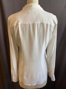 Womens, Blouse, EQUIPMENT, White, Silk, Solid, S, Collar Attached, V-neck, Button Front, Long Sleeves