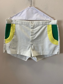 Mens, Shorts, NL, White, Cotton, W36, Belted Waist, Side Pockets, Zip Front, F.F, Green & Yellow Trim, 1 Back Pckt
