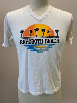 Mens, T-shirt, JERZEES, Off White, Orange, Black, Blue, Cotton, Graphic, C42-44, L, Jersey Knit, V-N, S/S, Sunset Over Water With "REHOBOTH BEACH" Print
