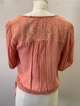 Womens, Top, SELF E, Peachy Pink, Rayon, Solid, M, Gauze with Self Rectangles Texture, S/S, Faux Surplice V-Neck, Crochet Lace Detail at Shoulders, Elastic Smocking at Back Waist, Self Ties Attached to Waist