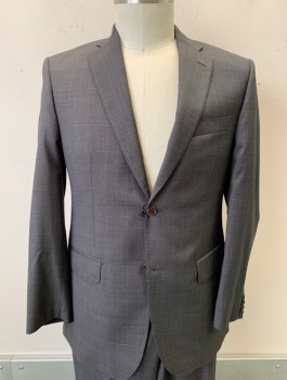 SAKS FIFTH AVENUE, Dk Brown, Wool, Viscose, Plaid, Notched Lapel, 2 Button Front, 3 Pockets  2 Back Vents